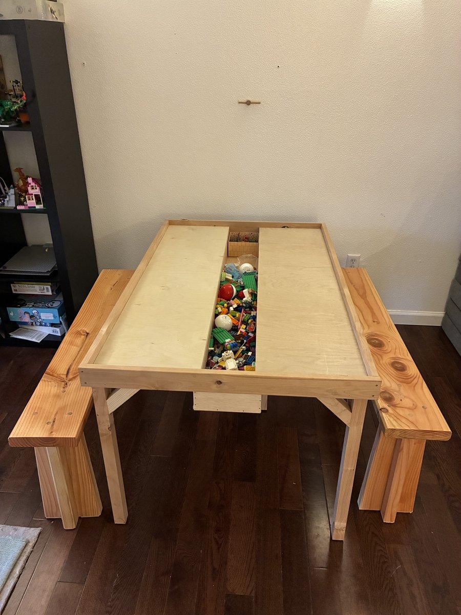 A custom Lego table I built for my daughters. All the Legos we own can fit in the center trough, assuming they're not all over the house...